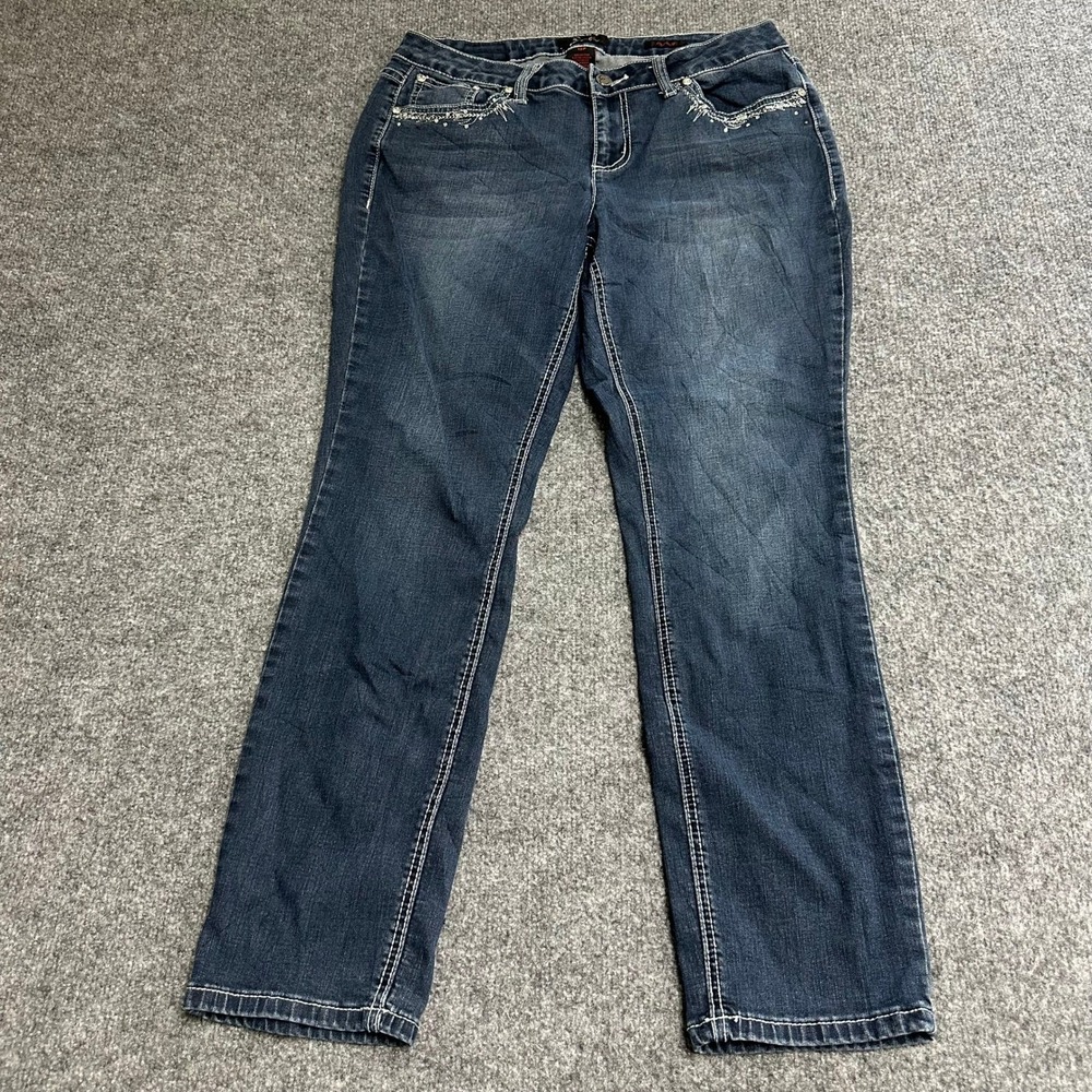 Earl Jean Jeans Womens Size 12P Blue Skinny Embellished Rhinestone Stretch Denim